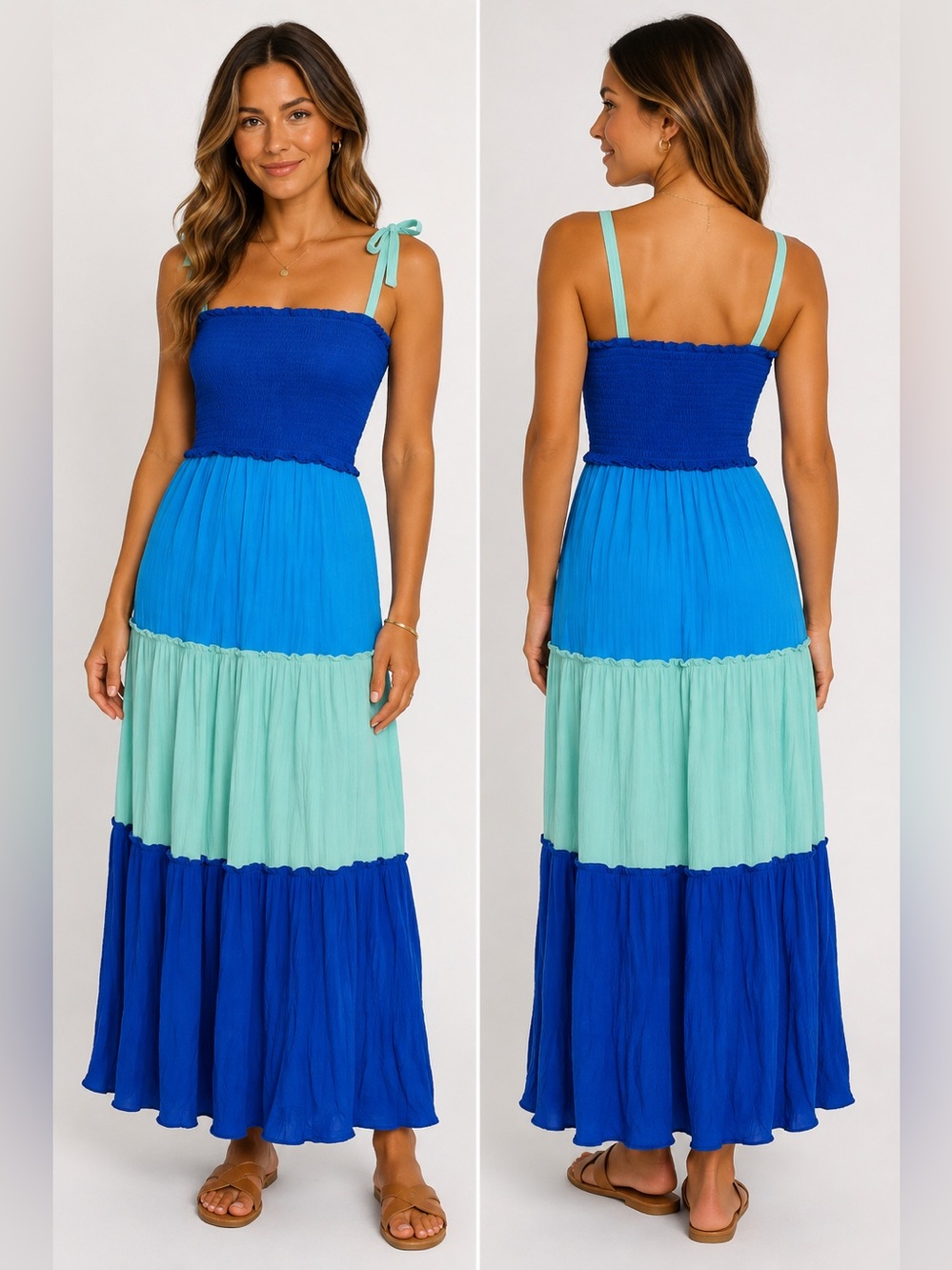 Bebop blue colorblock tiered crinkle gauze maxi dress with tie straps size XS